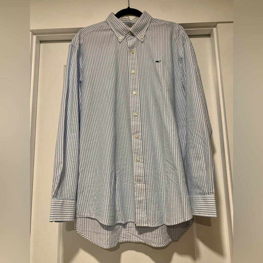 Vineyard Vines Men Classic Whale Blue/White Stripe Shirt - Size Large